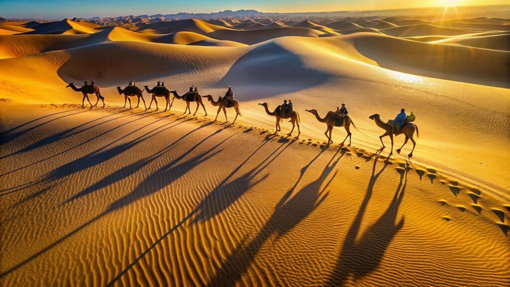 Una carovana di cammelli durante un'escursione nel deserto in Marocco